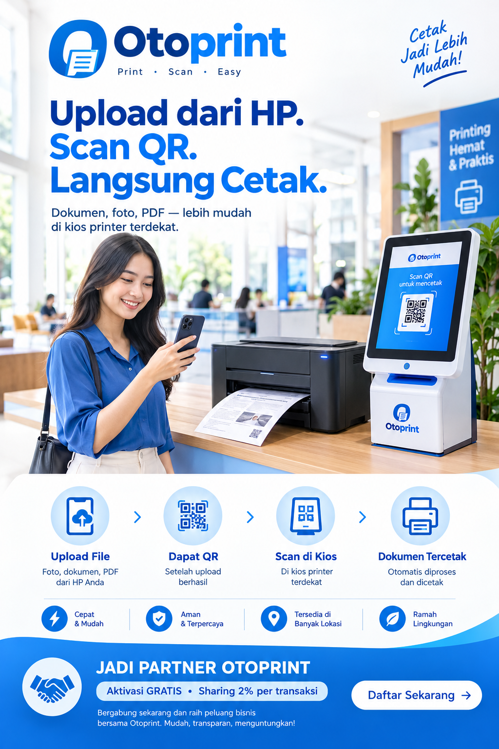 Ilustrasi alur Otoprint: upload dari HP, scan QR di kiosk, dan dokumen dicetak